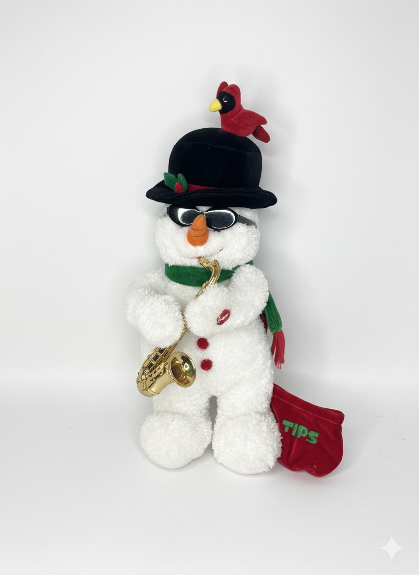 Rare Galerie Au Chocolat Animated Plush Saxophone Snowman w/Cardinal Read