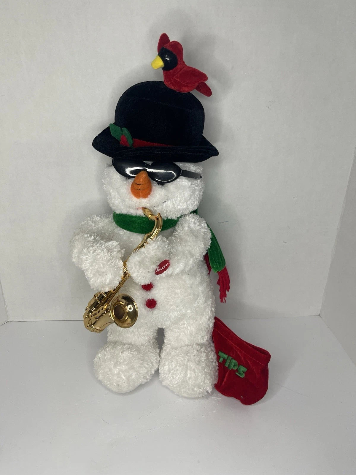 Rare Galerie Au Chocolat Animated Plush Saxophone Snowman w/Cardinal Read
