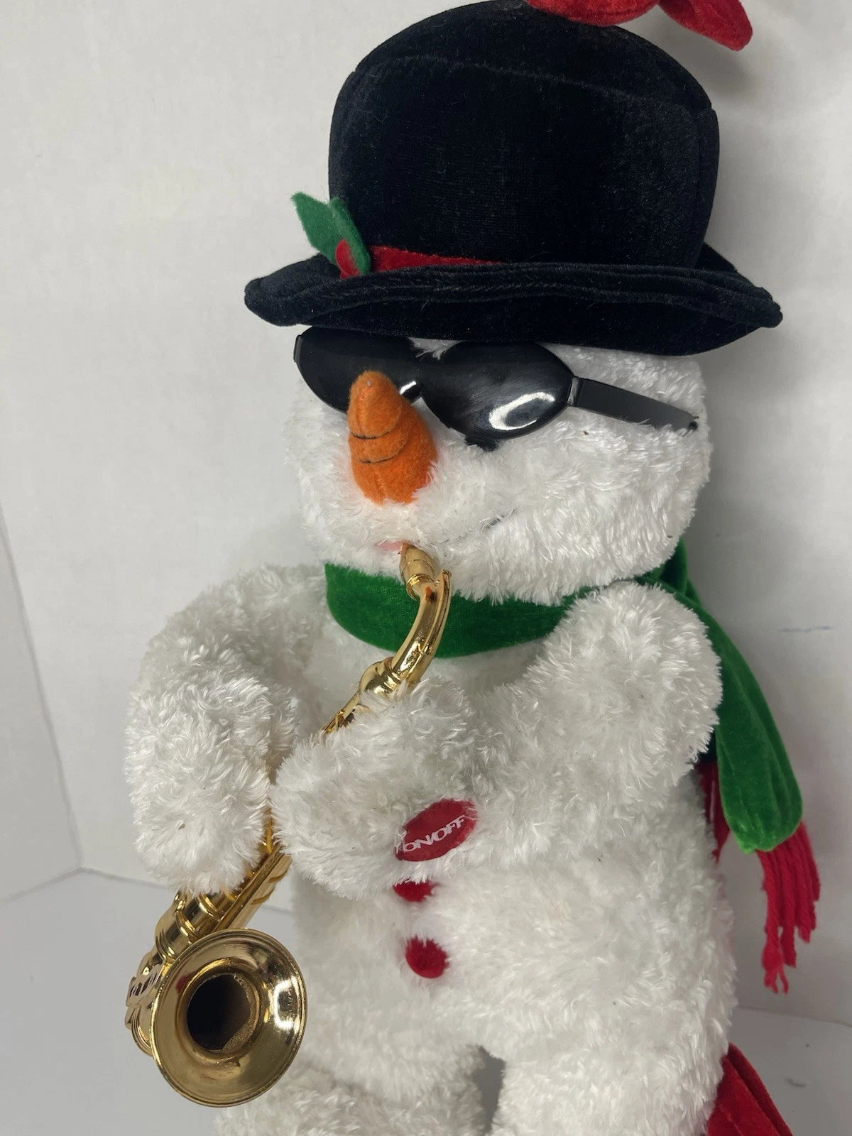 Rare Galerie Au Chocolat Animated Plush Saxophone Snowman w/Cardinal Read